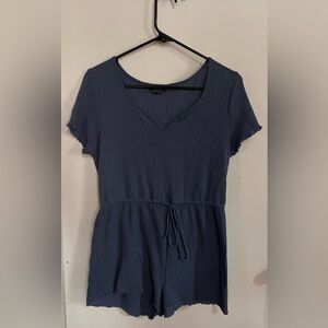 Textured V-Neck Knit Romper in Slate Blue